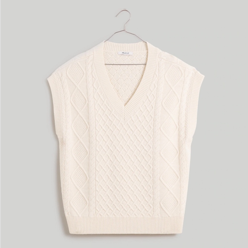 NWT Madewell Cable-Knit V-Neck Sweater Vest Oversized Wool Blend Ivory, XXS